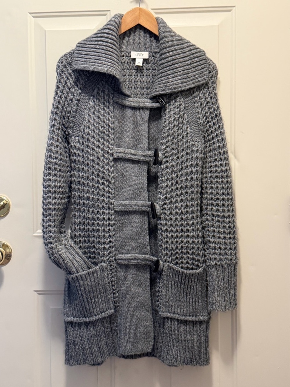 LOFT Gray Chunky Knit Toggle Cardigan Sweater, Size Medium